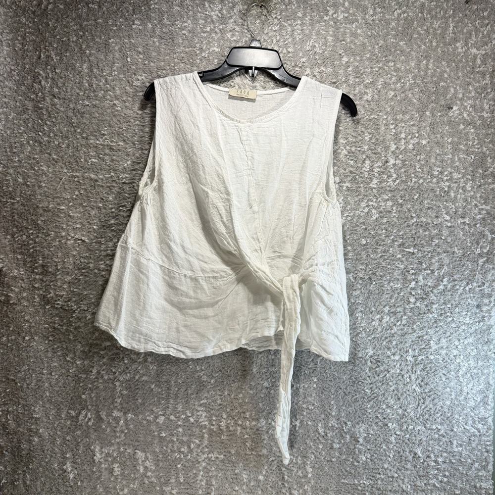 Saga White Linen Sleeveless Top Italy Made Beach Resort Coastal M Front Tie